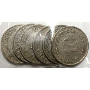 10 pfennig 1899 G, 1906 D, J, 1908 E, 1913 A, F