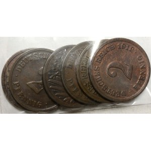 2 pfennig 1906 G, 1907 A, 1908 J, 1911 D, 1912 E, F