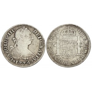Mexiko, Karel III.  2 real 1774 FM, KM-88.  2x malá hr., vlas.škr.