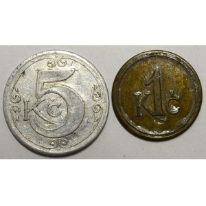 Holice . Bratři Grünhutové, hodnota 5 Kč (Al 26,0 mm), 1 Kč (bronz 22,2 mm).  obě lak.