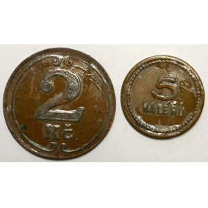 Bratři Grünhutové, hodnota 2 Kč (bronz 25,7 mm), 5 haléřů (bronz 19,1 mm).  obě lak.