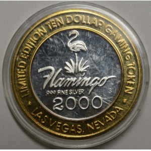USA.  Gaming token v hodnotě 10 $ 2000 S, Las Vegas, Flamingo Hilton, limitované serie. Ag 0.999 (36,96 g) 43 mm, zlac...