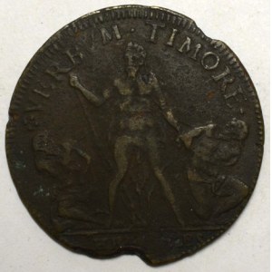 Token PIETATE ET IVSTITIA 1567. Korunovaný znak mezi sloupy, opis / postava Herkula s klečícími muži, opis. Měď 28 mm...
