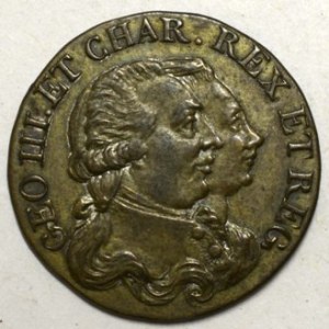 Britské tokeny.  Token v hodnotě farthingu b.l. (1790). Patroni ctnosti - králové Jiří III. a Karel. Dvojportrét, opis ...