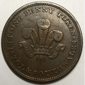 Bristol a Jižní Wales.  1 penny 1811 (hrad v podvazkovém řádu). Withers-540.  zcela n. hry