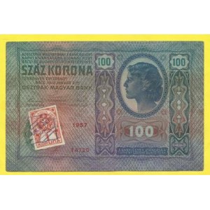 ČSR 1919-38 . 100 K 1912/19, s.1957. H-5a. Přes kolek razítko BANK.ÚŘ. FIN. PRAHA