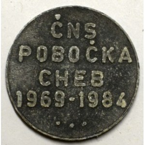 ČNS, pobočka Cheb.  15 let pobočky 1969 - 1984. Nápis / chebská mince. Nesign. (Matala). SnPb 26 mm, raženo 80 ks. ČNM...