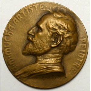 Kautsch.  Alfons Mucha b.l. Portrét, opis. Jednostr. bronz 40 mm