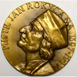 Koukolíček.  Mistr Jan Rokycana 1397 - 1947. Portrét, opis. Jednostr. bronz 60 mm