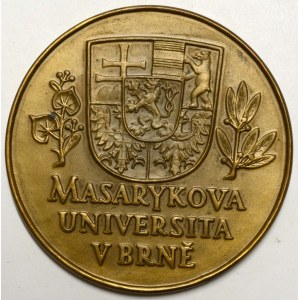 Španiel.  Masarykova universita v Brně b.l. (1935). Rektorská medaile. Portrét TGM, opis / pod státním znakem nápis...