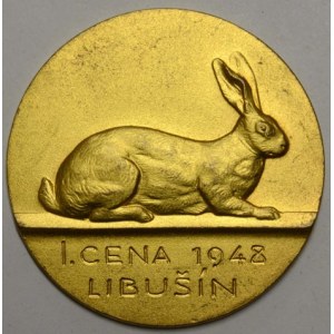 Libušín  (okr. Kladno). I. cena ve výstavě králíků 1948. Králík, rytý nápis. Jednostr. bronz zlac...