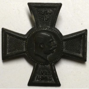 7. armáda, 1914 - 1915 (kříž s portrétem FJI). Zinek 31 x 31 mm, spona