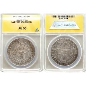 Austria SALZBURG 1 Thaler 1623 Paris Graf Lodron(1619-1653). Averse: Legate hat over three...