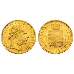 Austria Hungary 8 Forint 20 Francs 1881 KB Franz Joseph I(1848-1916). Averse: Laureate head right...