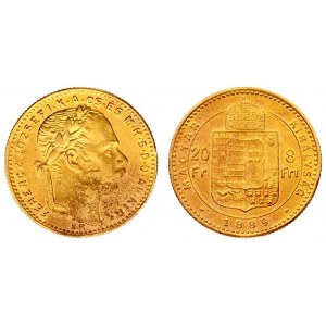 Austria Hungary 8 Forint 20 Francs 1889 KB Franz Joseph I(1848-1916). Averse: Laureate head right...