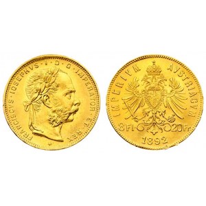 Austria 8 Florins-20 Francs 1892 Restrike. Franz Joseph I(1848-1916). Averse: Laureate head right...