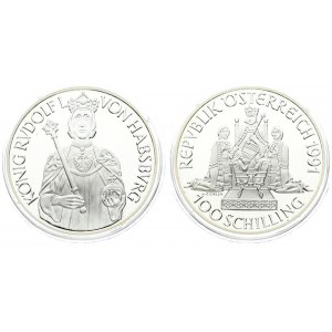 Austria 100 Schilling 1991. Averse: Rudolph I seated on throne flanked by figures kneeling...