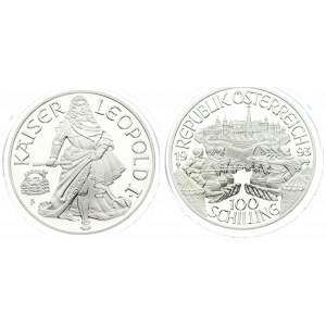 Austria 100 Schilling 1993. Averse: Armed figures on kneeling horses outside of city...