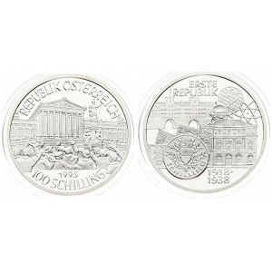 Austria 100 Schilling 1995 First Republic. Averse: Columned buildings; statue at right...