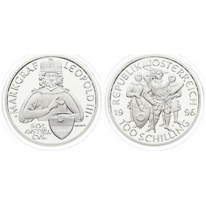 Austria 100 Schilling 1996. Averse: Four armored figures divide date; value at bottom. Reverse...