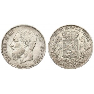 Belgium 5 Francs 1873 Leopold II(1865-1909). Position A. Averse: Smaller head engraver...