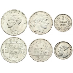 Belgium 1 Franc 1909 & 50 Francs 1939 & 50 Francs 1954 Averse: Bearded head of Leopold II; left...