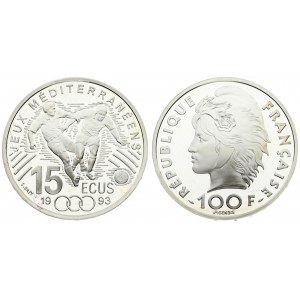 France 100 Francs-15 Ecus 1993 Mediterranean Games. Averse: Head left; denomination below. Reverse...
