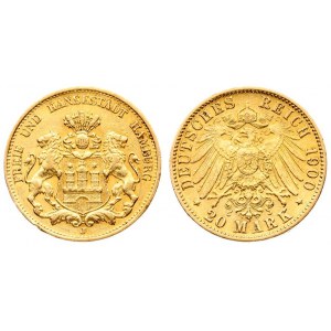 Germany HAMBURG 20 Mark 1900 J Averse: Helmeted arms with lion supporters. Averse Legend...