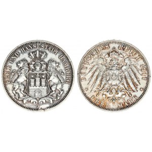Germany Hamburg 3 Mark 1911 J Averse: Three tower castle on helmeted shield with supporters...