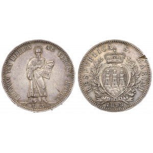 San Marino 5 Lire 1898R Averse: Crowned arms within wreath; date below. Averse Legend: RESPVBLICA S...