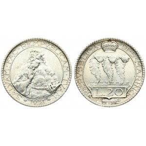 San Marino 20 Lire 1931R Averse: Upright stylized ostrich feathers above value with crown above...