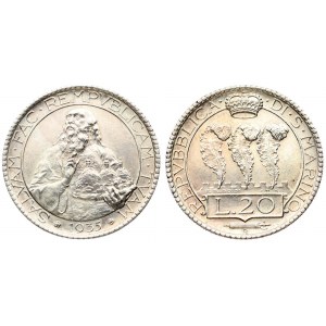 San Marino 20 Lire 1935R Averse: Upright stylized ostrich feathers above value with crown above...