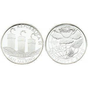 San Marino 10 Euro 2002R Welcome Euro. Averse: Three ostrich feathers and towers. Reverse...