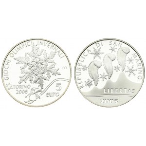 San Marino 5 Euro 2005R Winter Olympics Turin. Reverse: Large snowflake; snowman on skies. Silver...
