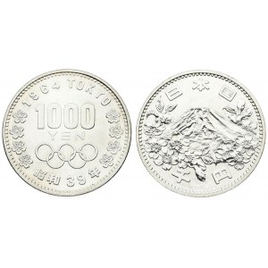 Japan 1000 Yen  Yr 39 (1964) Hirohito(1926-1989). Averse: Mt. Fuji within sprigs of cherry blossoms...