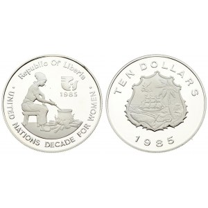 Liberia 10 Dollars 1985 Decade For Women. Averse: National arms. Reverse: Coat of arms and value...