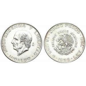 Mexico  5 Pesos 1955 Averse: National arms; eagle left. Reverse: Head left. Silver...