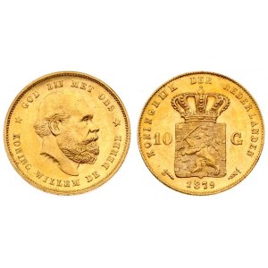 Netherlands 10 Gulden 1879 William III(1849–1890). Averse: Head right. Averse Legend...
