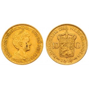 Netherlands 10 Gulden 1912 Wilhelmina (1890–1948). Averse: Head right. Reverse...