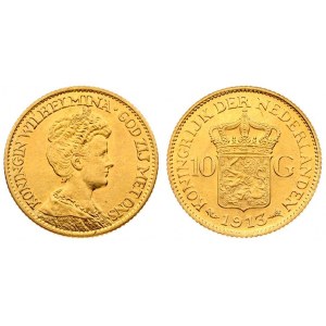 Netherlands 10 Gulden 1913 Wilhelmina (1890–1948). Averse: Head right. Reverse...