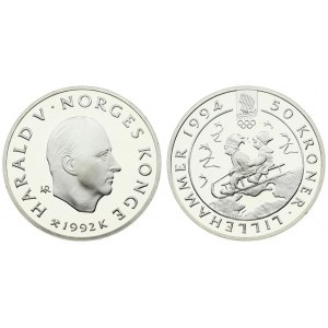 Norway 50 Kroner 1992 1994 Olympics. Averse: Head right. Reverse: 2 children on sled. Silver...