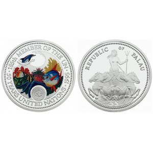 Palau 5 Dollars 1995. United Nations 50th Anniversary. Proof. Averse: Mermaid driving a quadriga...