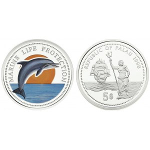 Palau 5 Dollars 1998. Bottle-Nose Dolphin. Proof. Averse: REPUBLIC OF PALAU 1998 5$ . Reverse...