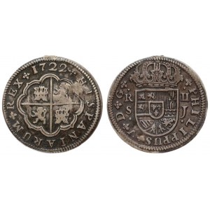 Spain 2 Reales 1722 J Philip V(1700-1746). Averse: Crowned arms with rounded bottom. Averse Legend...
