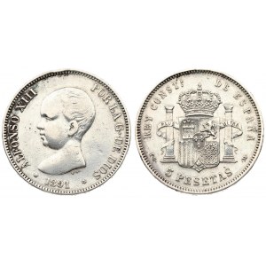 Spain 5 Pesetas 1891 (91) PG M. Alfonso XIII(1886-1931). Averse: Toddler's head left. Averse Legend...