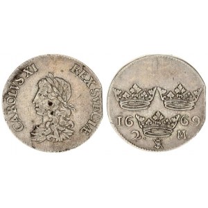Sweden 2 Mark 1669 Charles XI (1660-1697). Averse: Youthful laureate bust of Carl XI left. Reverse...