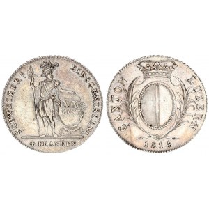 Switzerland Cantons Luzern 4 Franken 1814 Averse: Crowned oval shield within palm sprigs...