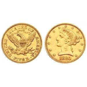 USA 5 Dollars 1880 Philadelphia.  Liberty / Coronet Head - Half Eagle  With motto. Averse...