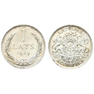 Latvia 1 Lats 1924. Averse: Arms with supporters. Reverse: Value and date within wreath...