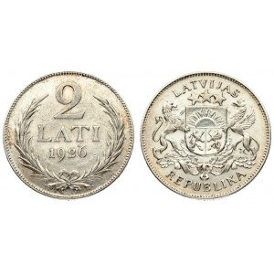 Latvia 2 Lati 1926. Averse: Arms with supporters. Reverse: Value and date within wreath...